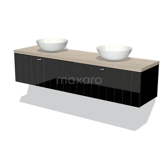 Black suspended bathroom unit with two white vanity units for countertop wash basins, wooden worktop and minimalist design; ideal for a modern bathroom.