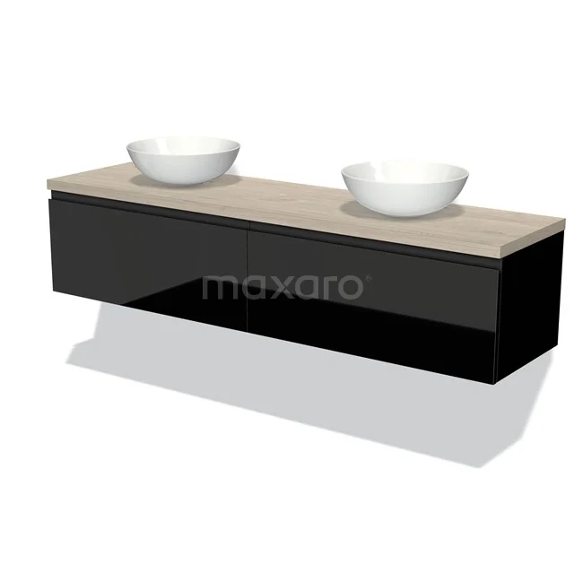 Schwarze schwebende Badmöbel mit Holzlook Platte, doppelte weiße Aufsatzwaschbecken, luxuriöses Design für moderne Bäder.
