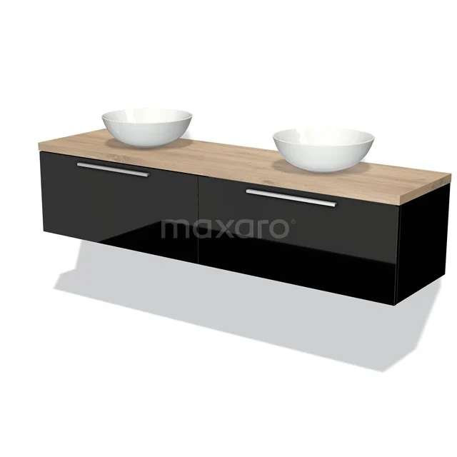 Badmöbel für Waschtischunterschrank mit Konsole 180cm Modulo Plato Hochglanz Schwarz 2 Schubladen Flach Hellbraune Eiche Platte BMK12-01204 Schwarzer schwebender Badschrank mit Holzlook Platte und doppelten keramischen Aufsatzwaschbecken für moderne Bäder.