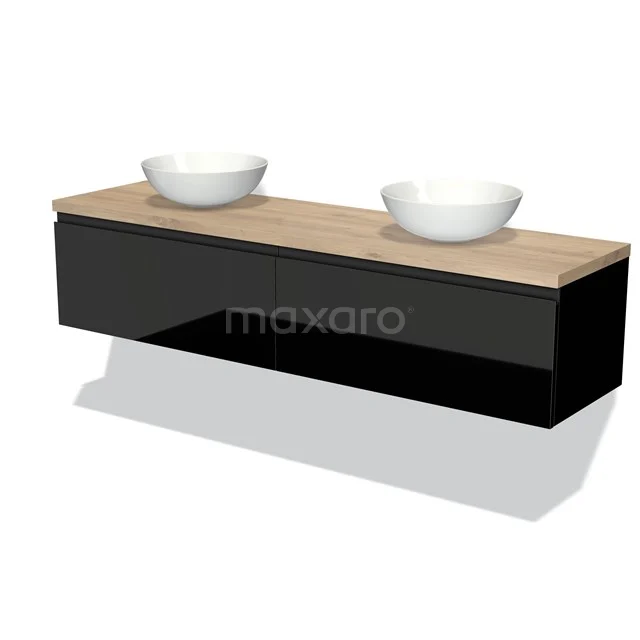 Schwarzes Holz Badezimmermöbel mit doppelten weißen Aufsatzwaschbecken, modernem Design und einer stilvollen Holzplatte.