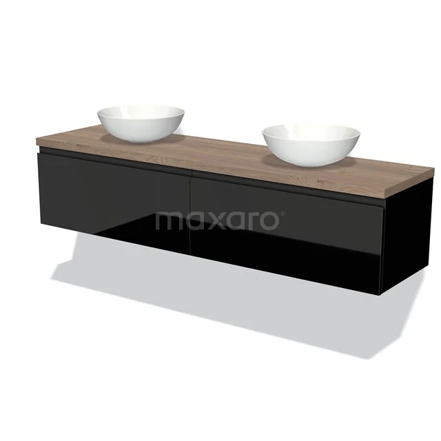 Badmöbel für Aufsatzwaschbecken 180cm Modulo Plato Hochglanz Schwarz 2 Schubladen Grifflos Mittelbraune Eiche Platte BMK12-01209 Schwarze Badmöbel mit Holzplatte und zwei weißen Aufsatzwaschbecken, modernes Design für stilvolle Badezimmergestaltung.