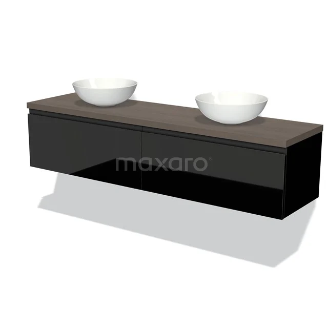 Modulo Plato Vanity units for countertop basin | 180 cm High-gloss black Handle-less front Dark brown oak worktop 2 Side-by-side drawers BMK12-01212