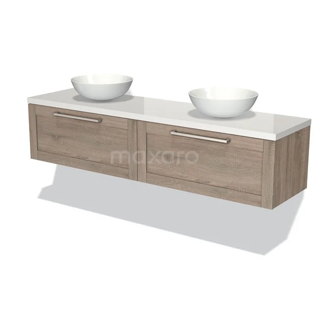 Modulo Plato Vanity units for countertop basin | 180 cm Oak Frame front High-gloss white worktop 2 Side-by-side drawers BMK12-01216 Wooden bathroom unit with two drawers, double basin and white worktop; modern design for stylish bathroom design.