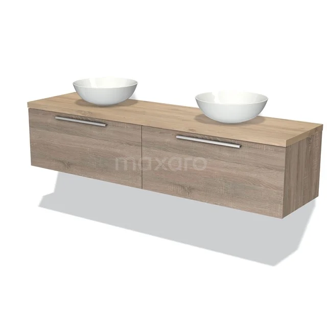 Houten badkamermeubel met twee waskommen, moderne eikenlook, wandmontage, strak design voor een stijlvolle badkamer.