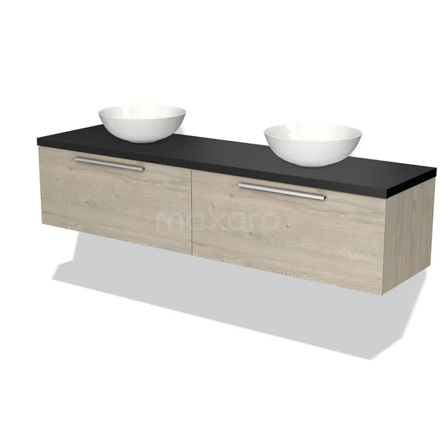 Wooden bathroom unit with black basin worktop, two white basin worktops, hanging design, ideal for a modern bathroom.
