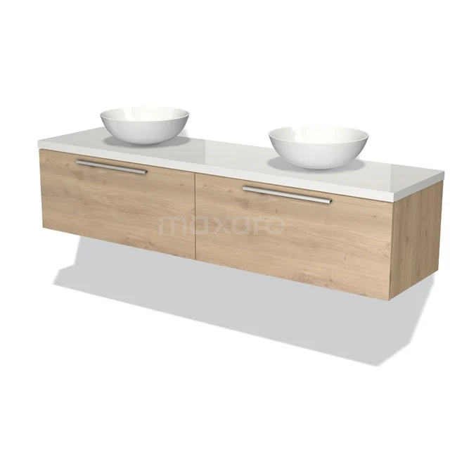 Oak bathroom unit with two white vanity units with basins, hanging design, modern and functional for a stylish bathroom.