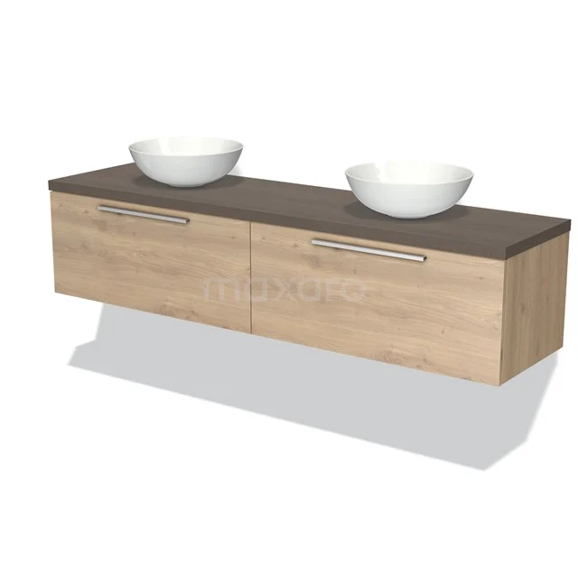 Wooden bathroom unit with dark worktop, two vanity units with basin and chrome handles; modern design for stylish bathrooms.