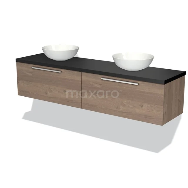 Modulo Plato Vanity units for countertop basin | 180 cm Mid brown oak Flat front Matte black worktop 2 Side-by-side drawers BMK12-01245 Wooden bathroom unit with double ceramic countertop wash basin, black worktop and modern handles, ideal for a stylish bathroom.
