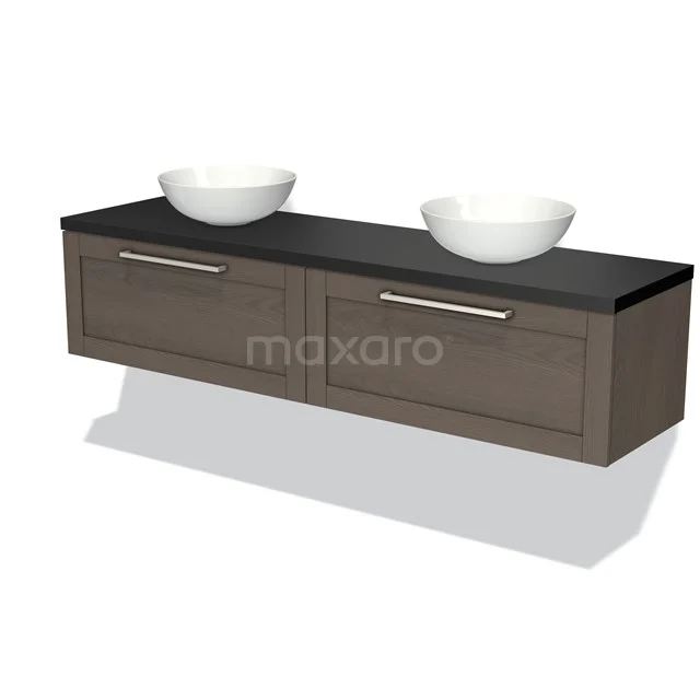 Modulo Plato Vanity units for countertop basin | 180 cm Dark brown oak Frame front Matte black worktop 2 Side-by-side drawers BMK12-01256 Vanity unit wood-brown with black worktop, double ceramic countertop wash basins, sleek design for modern bathrooms.