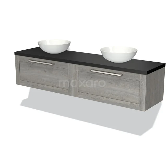 Grey wooden bathroom unit with black worktop, double basin and modern metal handles for stylish bathroom storage.