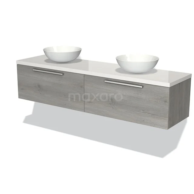 Graues Holz-Badmöbel mit Doppelwaschbecken, schlankes Design und moderne Ausstrahlung, ideal für ein stilvolles Badezimmer.