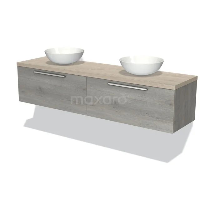 Modulo Plato Badmöbel mit Aufsatzwaschbecken | 180 cm Graue Eiche Flach front Hellgraue Eiche blatt 2 nebeneinanderliegende Schubladen BMK12-01269 Hölzernes Badezimmermöbel mit zwei weißen Aufsatzwaschbecken, grauen Ladefronten und metallischen Haltegriffen, ideal für ein modernes Badezimmer.