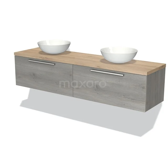 Modulo Plato Badmöbel mit Aufsatzwaschbecken | 180 cm Graue Eiche Flach front Hellbraune Eiche blatt 2 nebeneinanderliegende Schubladen BMK12-01271 Holz-Badmöbel mit zwei weißen Waschbecken, graue Eiche Oberflächen und schlichte Haltegriffe; stilvoll für jedes moderne Badezimmer.