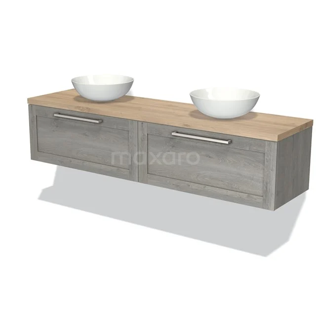Grau Holz Badmöbel mit Eiche Platte, Doppelwaschbecken und modernen Haltegriffen. Ideal für stilvolle Bäder.