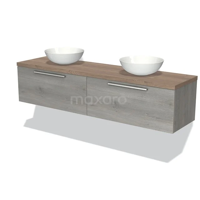 Holz-Badezimmermöbel mit zwei weißen Aufsatzwaschbecken, moderne Wandmontage, graue Holzoptik und metallische Haltegriffe.