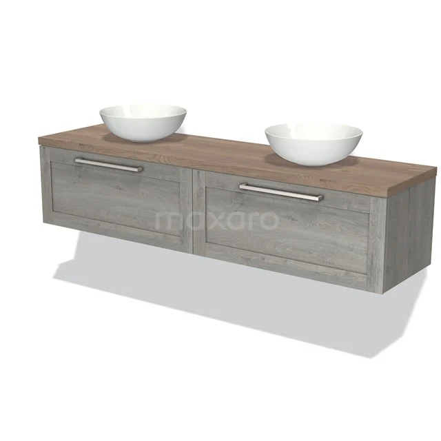 Modulo Plato Badmöbel mit Aufsatzwaschbecken | 180 cm Graue Eiche Rahmen front Mittelbraune Eiche blatt 2 nebeneinanderliegende Schubladen BMK12-01274 Holz-Badmöbel mit Doppelwaschbecken, graue Eiche Design, moderner Stil mit chromfarbenen Haltegriffen.