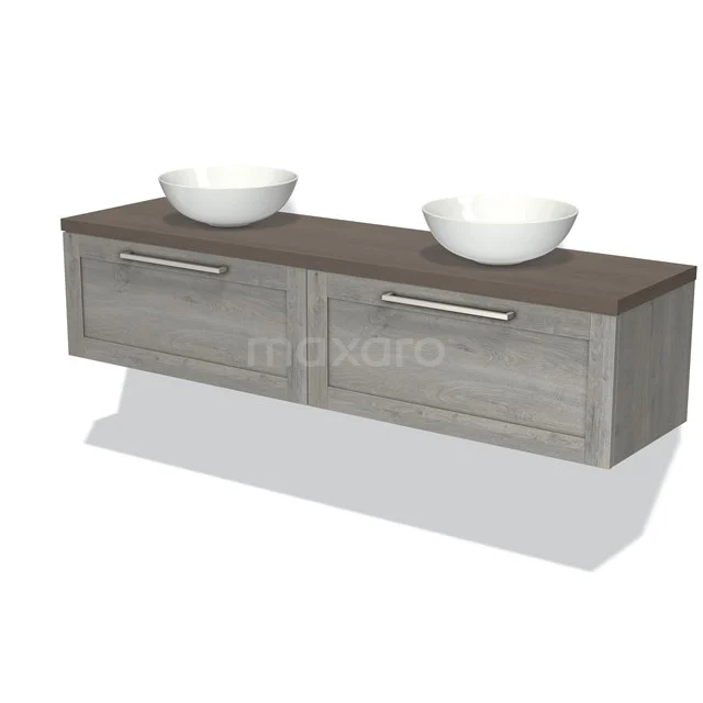 Modulo Plato Vanity units for countertop basin | 180 cm Grey oak Bordered front Dark brown oak worktop 2 Side-by-side drawers BMK12-01276 Wooden bathroom unit with two white countertop wash basins, grey drawers and modern handles; ideal for a stylish bathroom.