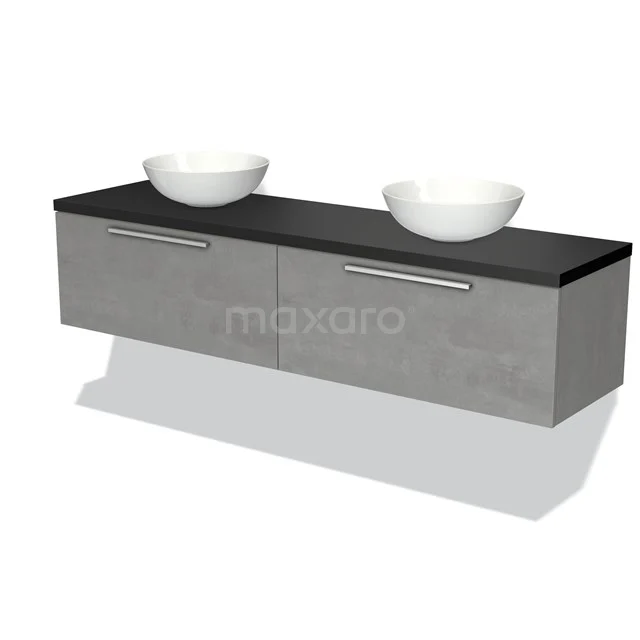Modulo Plato Badkamermeubel voor waskom | 180 cm Lichtgrijs beton Vlak front Mat zwart blad 2 lades naast elkaar BMK12-01277