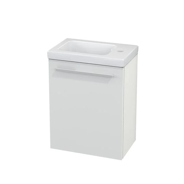 White bathroom furniture set with integrated basin, modern design and soft-close drawers, ideal for compact bathrooms.