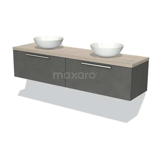 Anthracite bathroom unit with wood-look worktop, double white bowls and modern handles, ideal for a stylish bathroom.