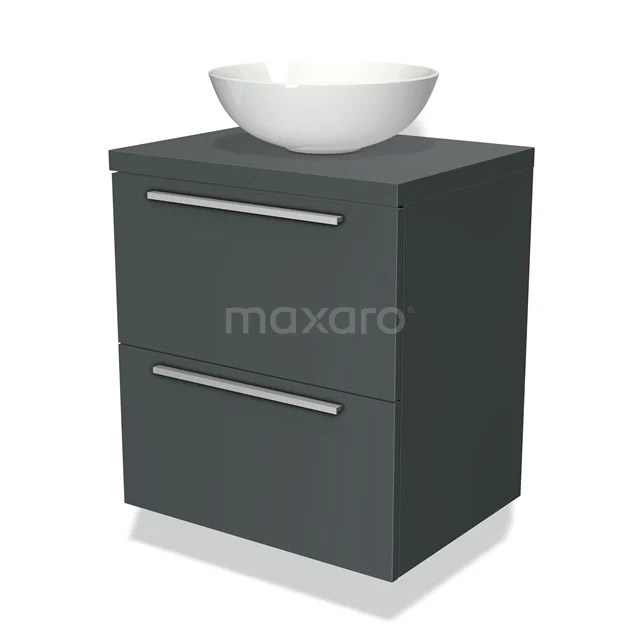 Donkergrijze wastafelmeubelset met witte ovale waskom, twee lades en strak design, ideaal voor moderne badkamers.