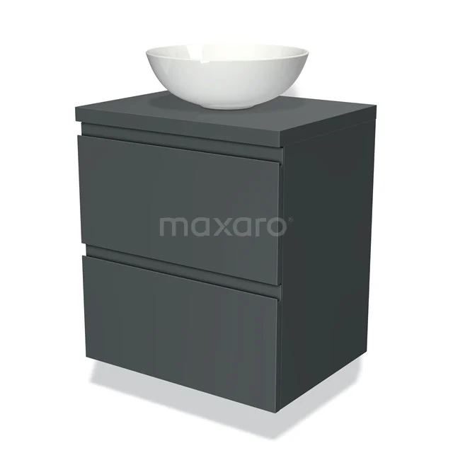 Dunkelgraue Badmöbelset mit zwei Schubladen und einem weißen, schalenförmigen Waschbecken, elegantes Design, ideal für moderne Bäder.