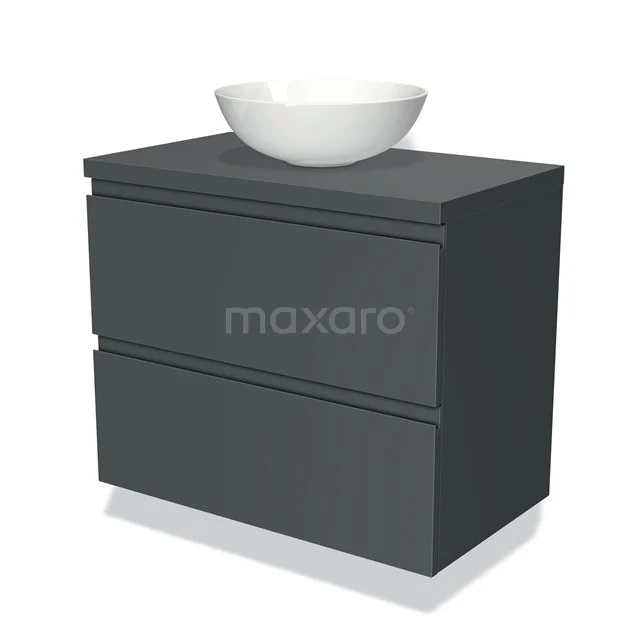 Grijze badkamerkast met twee lades en een witte waskom, modern design, ideaal voor stijlvolle badkameropslag.