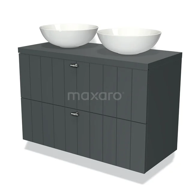 Donkergrijze houten badkamermeubel met twee witte ronde waskommen, modern design en softclose lades.