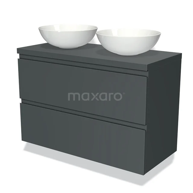 Moderne grijze badkamermeubelset met twee witte waskommen, minimalistisch ontwerp en soft-close lades.