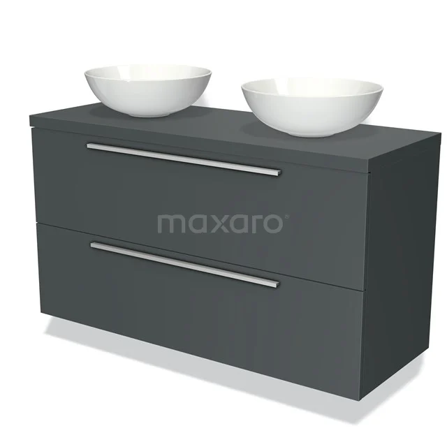 Dark grey bathroom cabinet with two white countertop wash basins, sleek design, ideal for modern bathrooms.