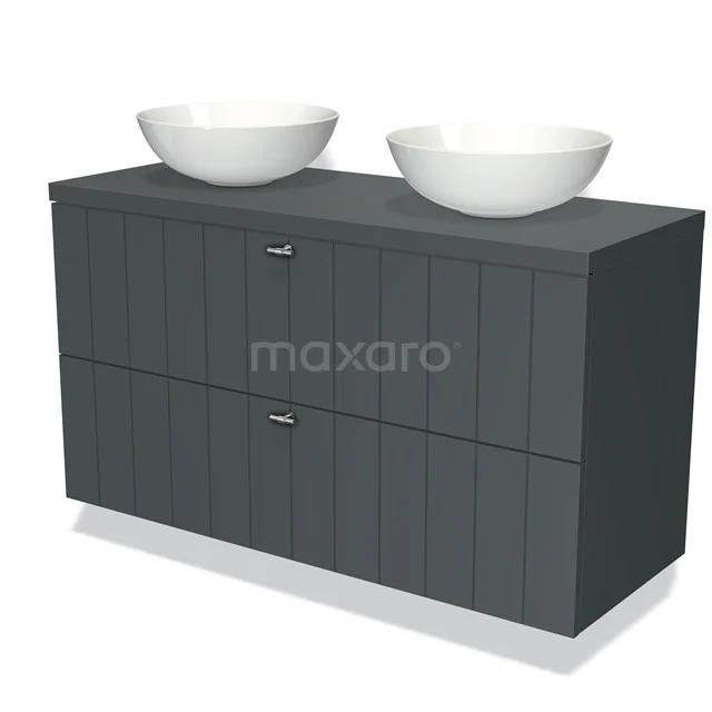 Double vanity unit, dark grey wood with two round white countertop wash basins; stylish vanity units for modern setting.