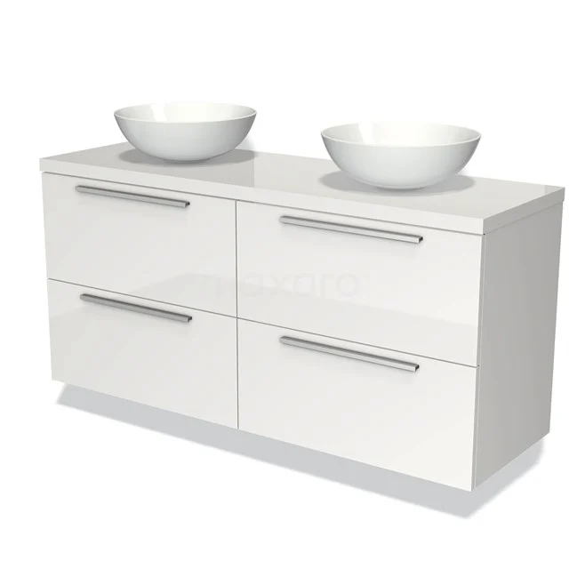 Weißes Badezimmermöbel mit zwei Aufsatzwaschbecken, vier Schubladen und schlichten Haltegriffen, ideal für eine moderne Badezimmergestaltung.