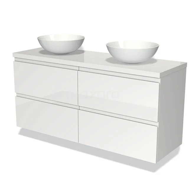 Weißes Badezimmermöbel mit doppeltem Aufsatzwaschbecken, schlichtes Design, vier Schubladen, Hochglanz-Oberfläche und ideal für modernes Badezimmerinterieur.