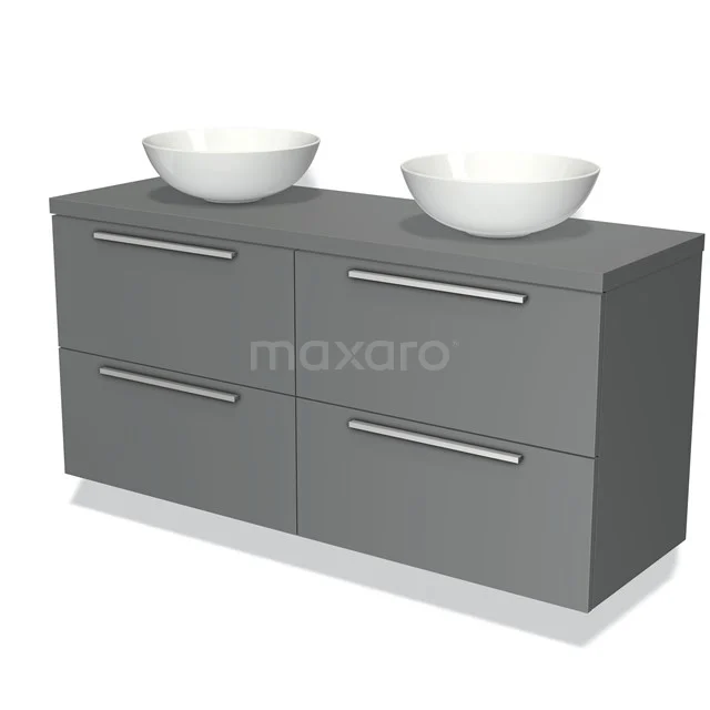 Grijze badkamermeubelset met dubbele wastafel, modern design, vier lades en chromen handgrepen.