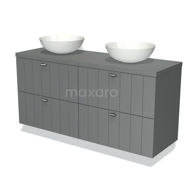 Badmöbel mit Konsole 140 cm Modulo Plato Mittelgrau 4 Schubladen Laminat BMK18-00072 Graue Badmöbelset mit doppelten Aufsatzwaschbecken, Holzmaserung und modernem Aussehen, ideal für stilvolle Badezimmergestaltung.