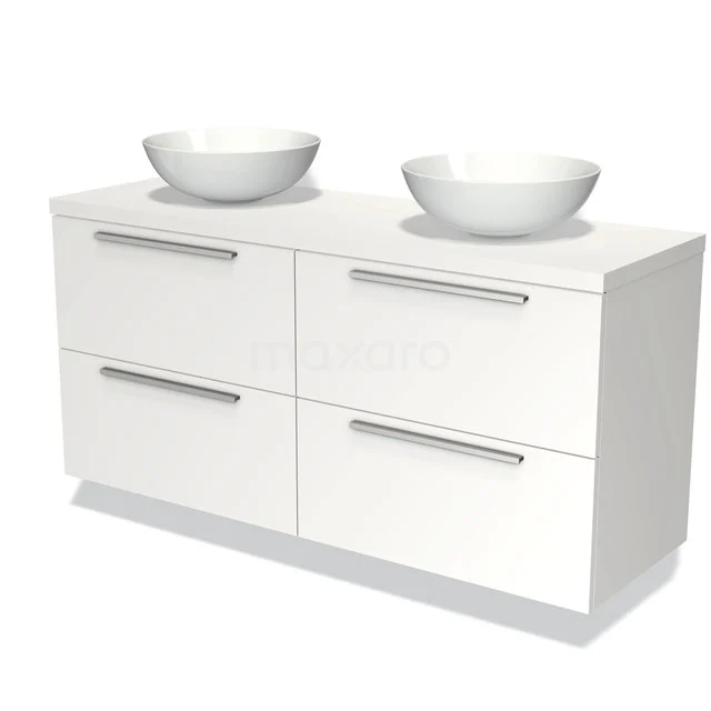 Wit badkamermeubel met vier lades, dubbele keramische wastafel en metalen grepen, modern design.