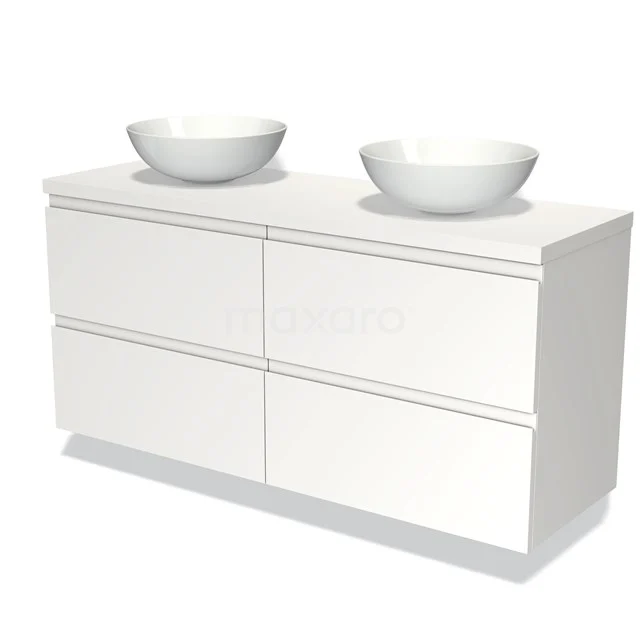 Modulo Plato Badmöbel mit Aufsatzwaschbecken | 140 cm Matt Weiß Grifflos front Matt Weiß blatt 4 Schubladen BMK18-00076 Weißes Badezimmermöbel mit Doppelwaschbecken, modernes, schlankes Design, perfekt für stilvolle und organisierte Bäder.