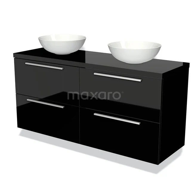 Modulo Plato Badmöbel mit Aufsatzwaschbecken | 140 cm Hochglanz Schwarz Flach front Hochglanz Schwarz blatt 4 Schubladen BMK18-00080 Schwarzes, glänzendes Doppelwaschbeckenmöbel mit weißen Aufsatzbecken, geeignet für moderne Bäder, Design mit klaren Linien.