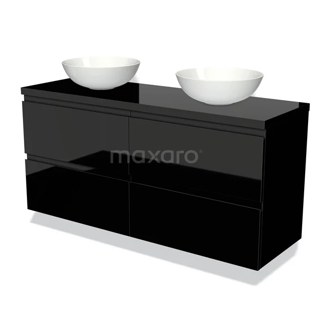 Zwarte badkamermeubelset met dubbele wastafel, hoogglans afwerking en modern design. Perfect voor luxe badkamerinterieurs.