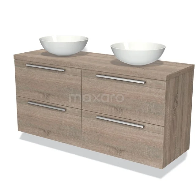 Houten badkamermeubel met dubbele waskom, modern design en metalen handgrepen, ideaal voor een stijlvolle badkamer.