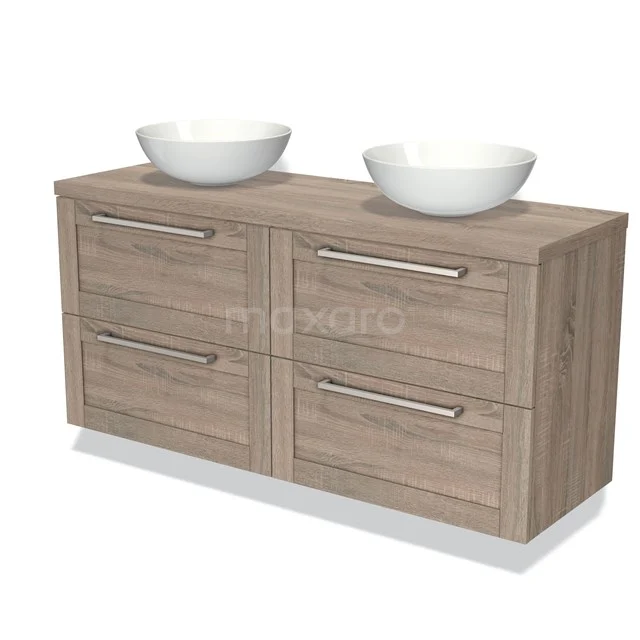 Badkamermeubel set met dubbele wasbakken, houtlook design, vier lades en moderne grepen, perfect voor een stijlvolle badkamer.