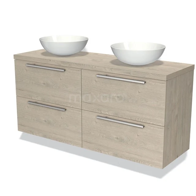 Badezimmermöbel Holzoptik mit doppeltem Aufsatzwaschbecken, modernes Design und vier Schubladen, ideal für trendige Badezimmeraufstellungen.