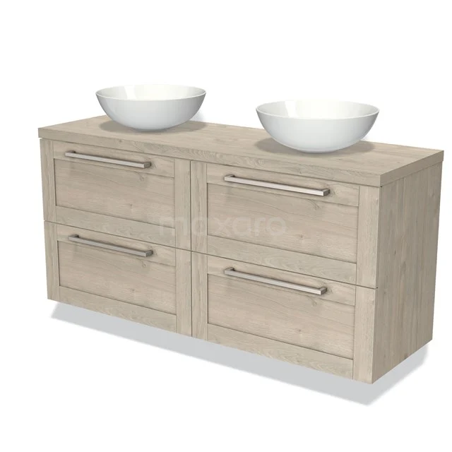 Houten badkamermeubel met dubbele witte waskommen, 4 lades en metalen handgrepen, modern design voor stijlvolle badkamers.