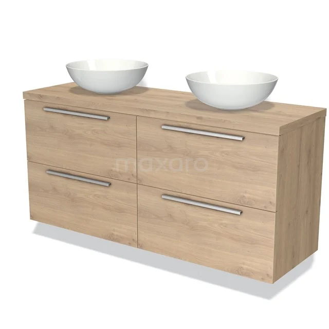 Houten badkamermeubel met dubbele wastafel, lades met metalen grepen, modern ontwerp uit eikenhout serie.
