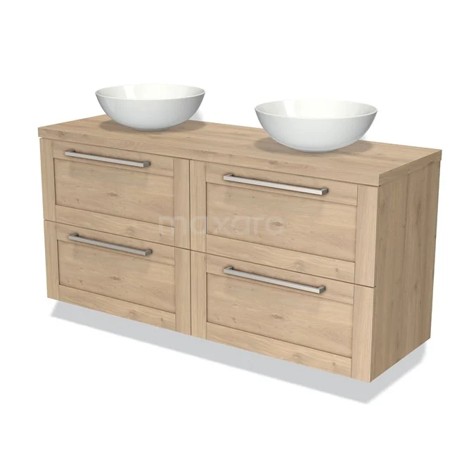 Houten badkamermeubel met dubbele waskom, vier lades en metalen handgrepen; modern ontwerp, perfect voor ruime badkamers.