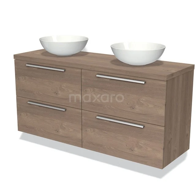 Houten badkamermeubel met dubbele witte wastafels, vier lades en strakke handgrepen, perfect voor moderne badkamerstijl.