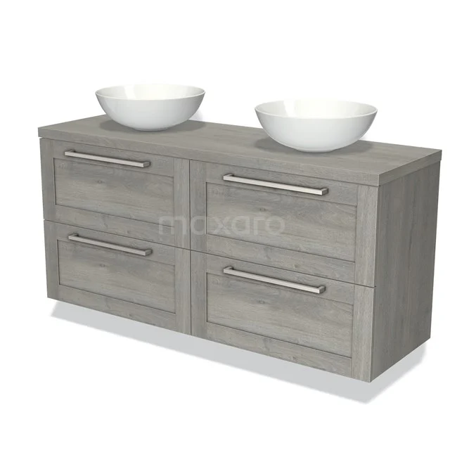 Grijze houten badkamermeubel met dubbele wastafel, witte keramische kommen en metalen handgrepen, modern en stijlvol design.