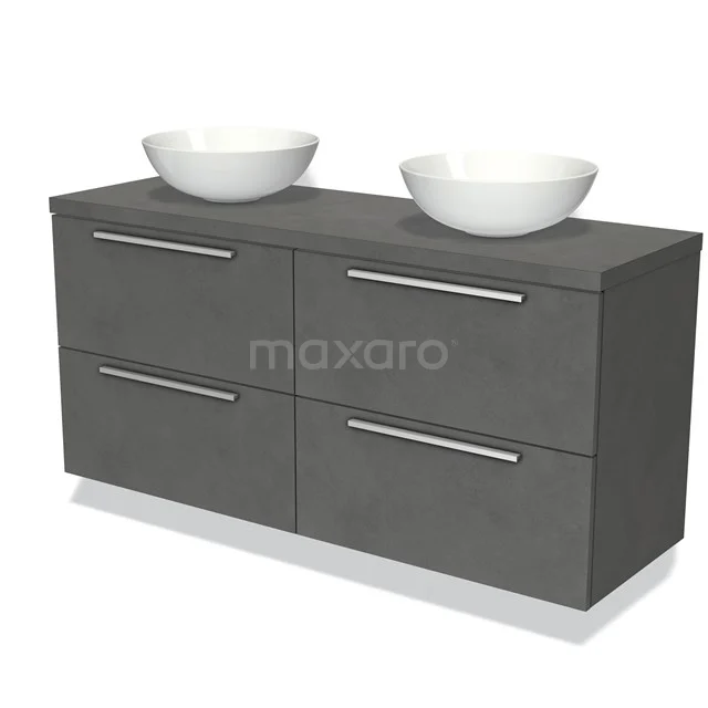 Grijs badkamermeubel met dubbele wastafel, moderne vierkante vorm, strak design en metalen handgrepen voor een stijlvolle uitstraling.