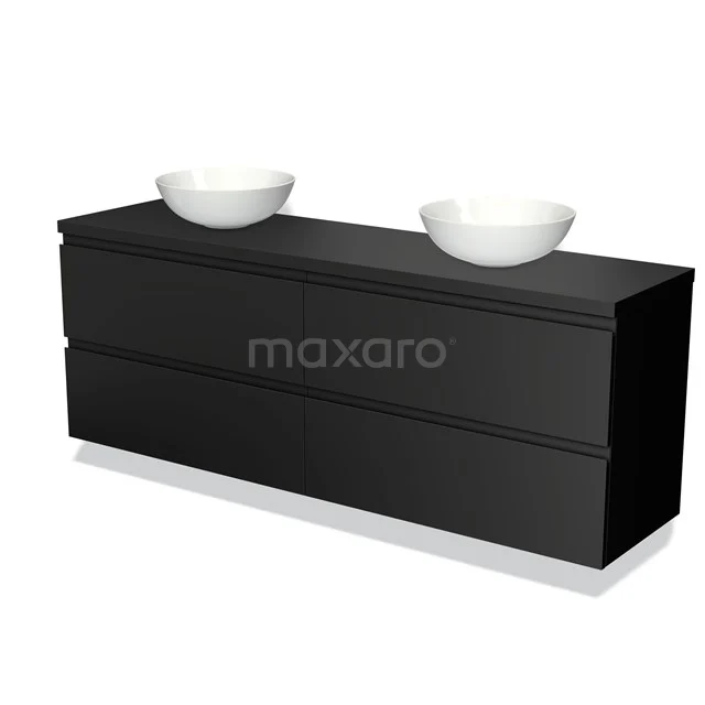 Schwarze Badmöbelset mit Doppelwaschbecken, modernes Design, klare Formgebung, ideal für eine stilvolle Badezimmergestaltung.