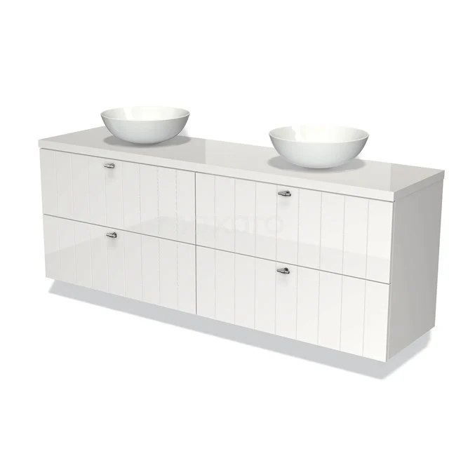 White double vanity unit with ceramic bowls, modern gloss finish, ideal for stylish bathroom decor.